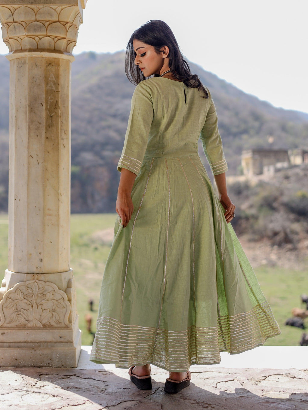 Divena Pastel Green Flaired Cotton kurta with pants - divenaworld.com