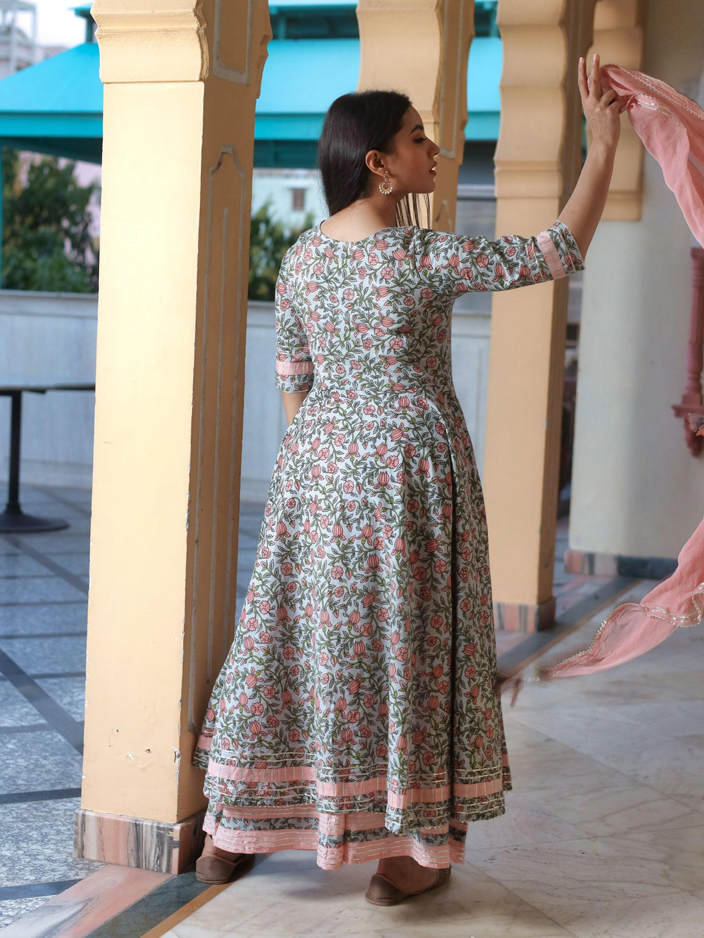 Divena Pastel Blue Floral Anarkali Cotton Kurta Palazzo set with Dupatta - divenaworld.com