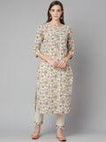 Divena Cream Floral Printed Cotton Kurta Pant Set - divena world