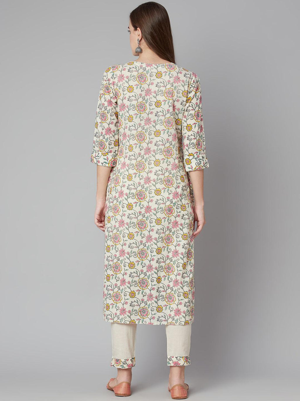 Divena Cream Floral Printed Cotton Kurta Pant Set - divena world