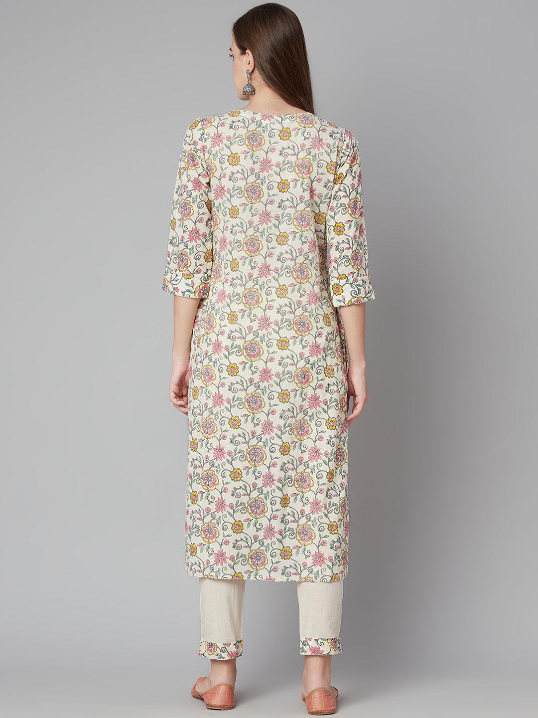 Divena Cream Floral Printed Cotton Kurta Pant Set - divena world