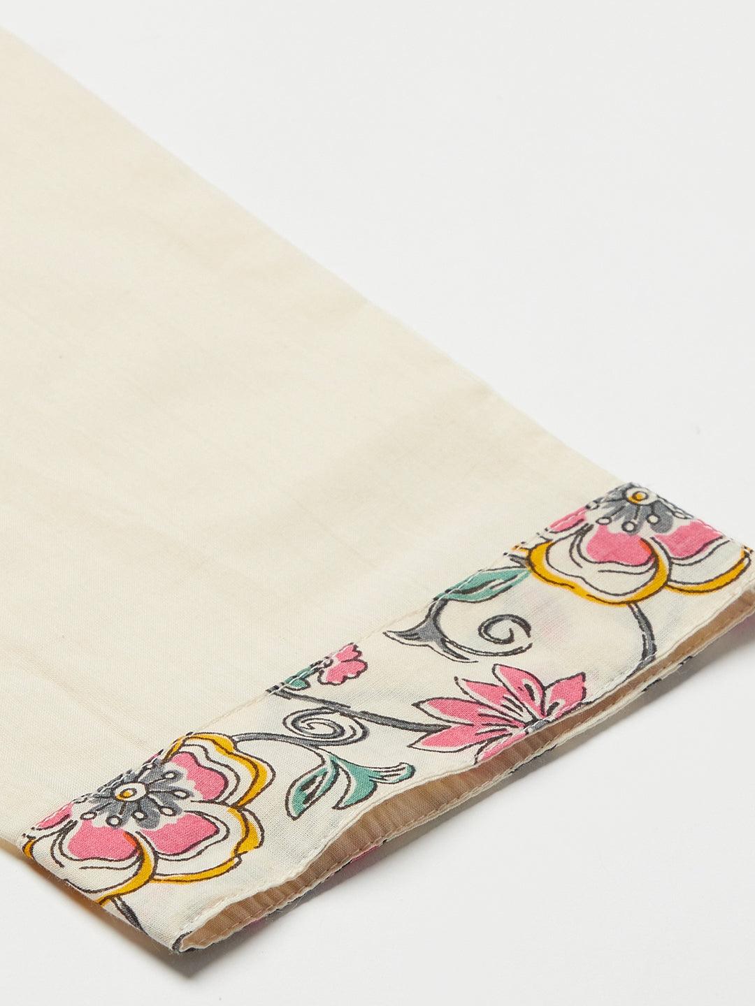 Divena Cream Floral Printed Cotton Kurta Pant Set - divena world
