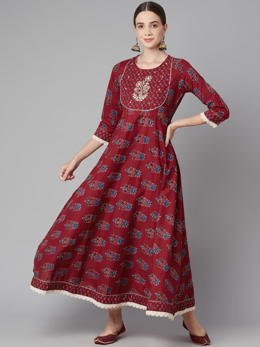 Divena Red Floral Anarkali Cotton Kurta pant set with dupatta - divena world