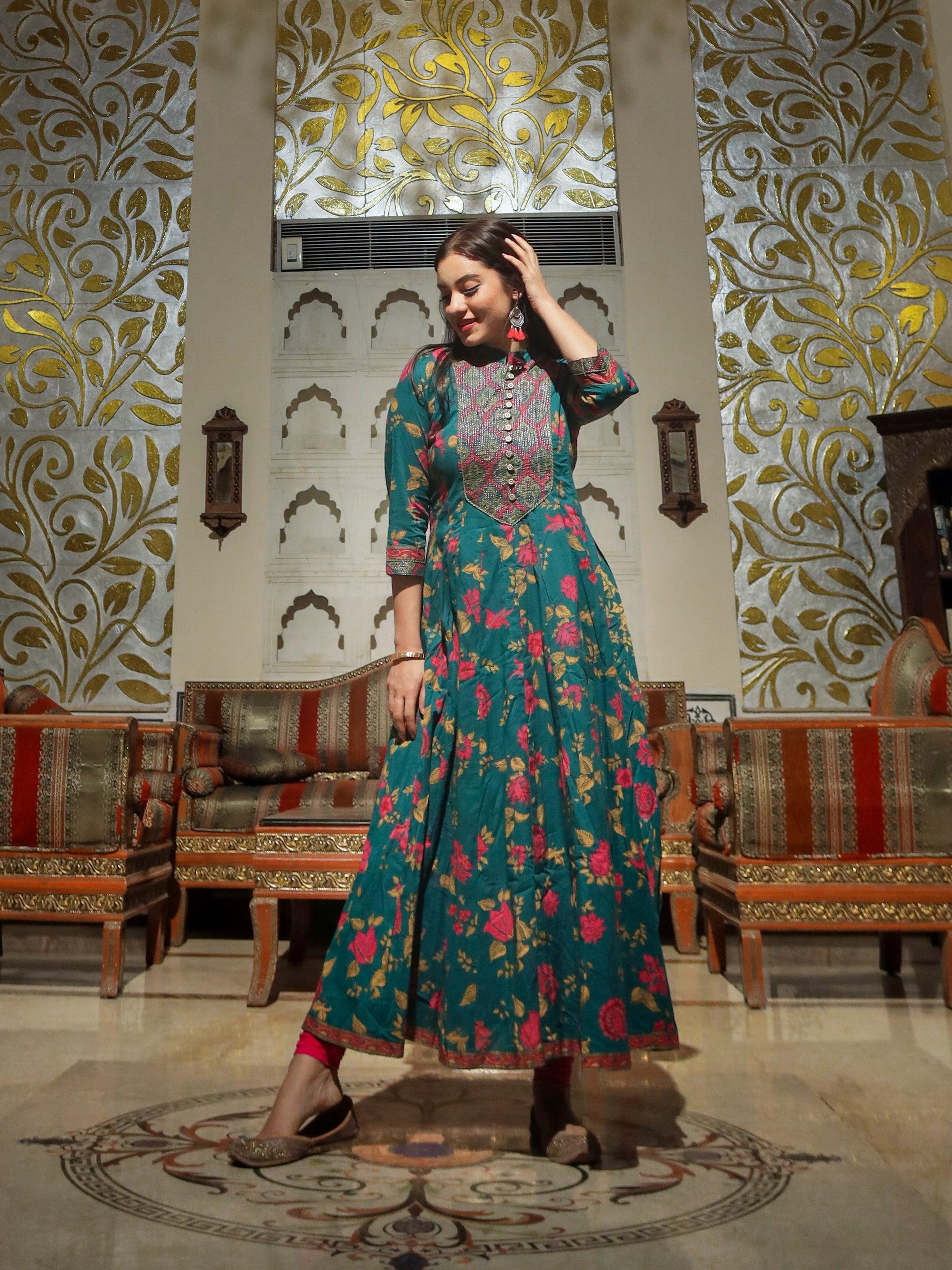 Divena Block print Cotton Flaired Anarkali Kurta - divenaworld.com