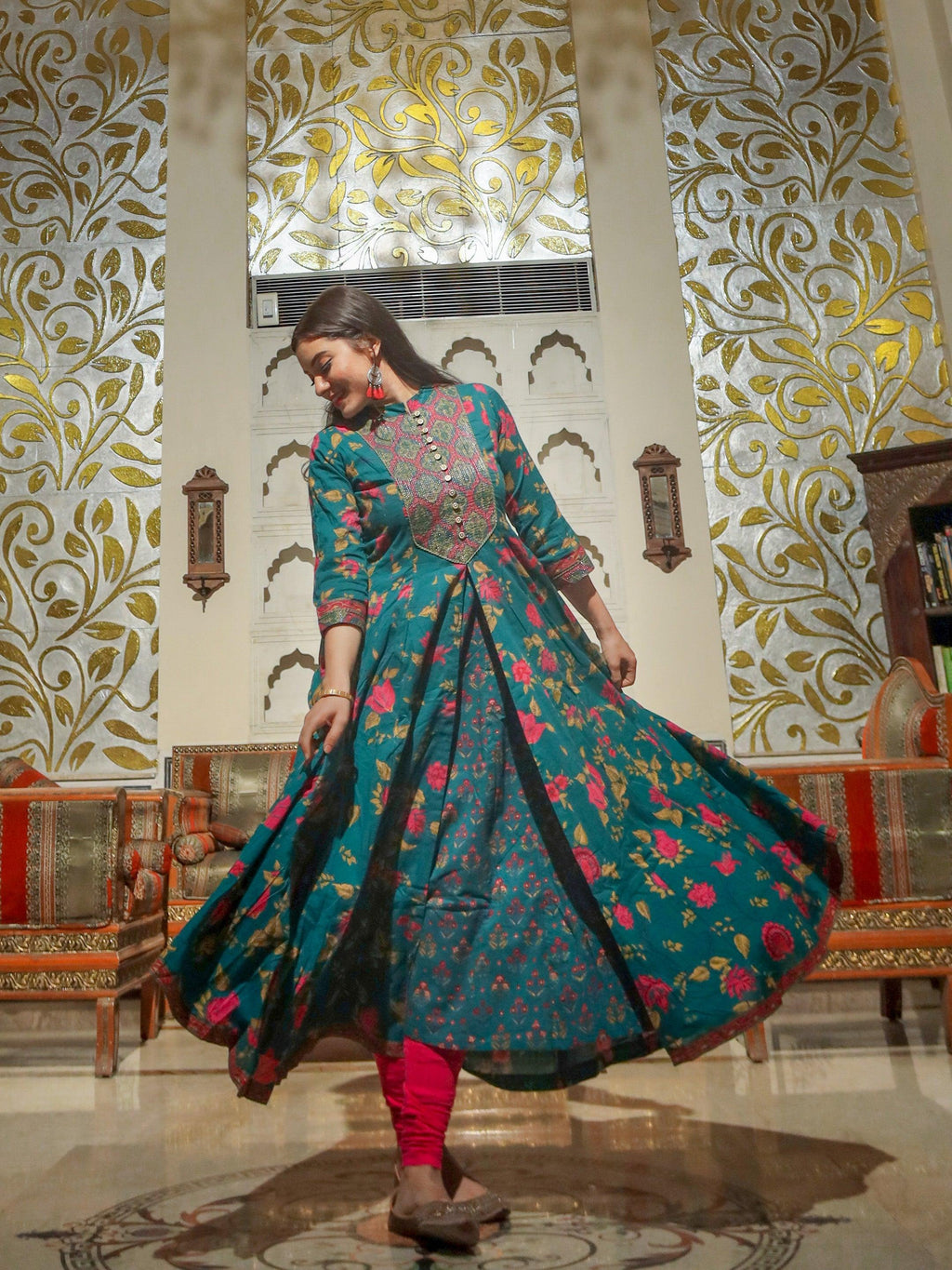 Divena Block print Cotton Flaired Anarkali Kurta - divenaworld.com