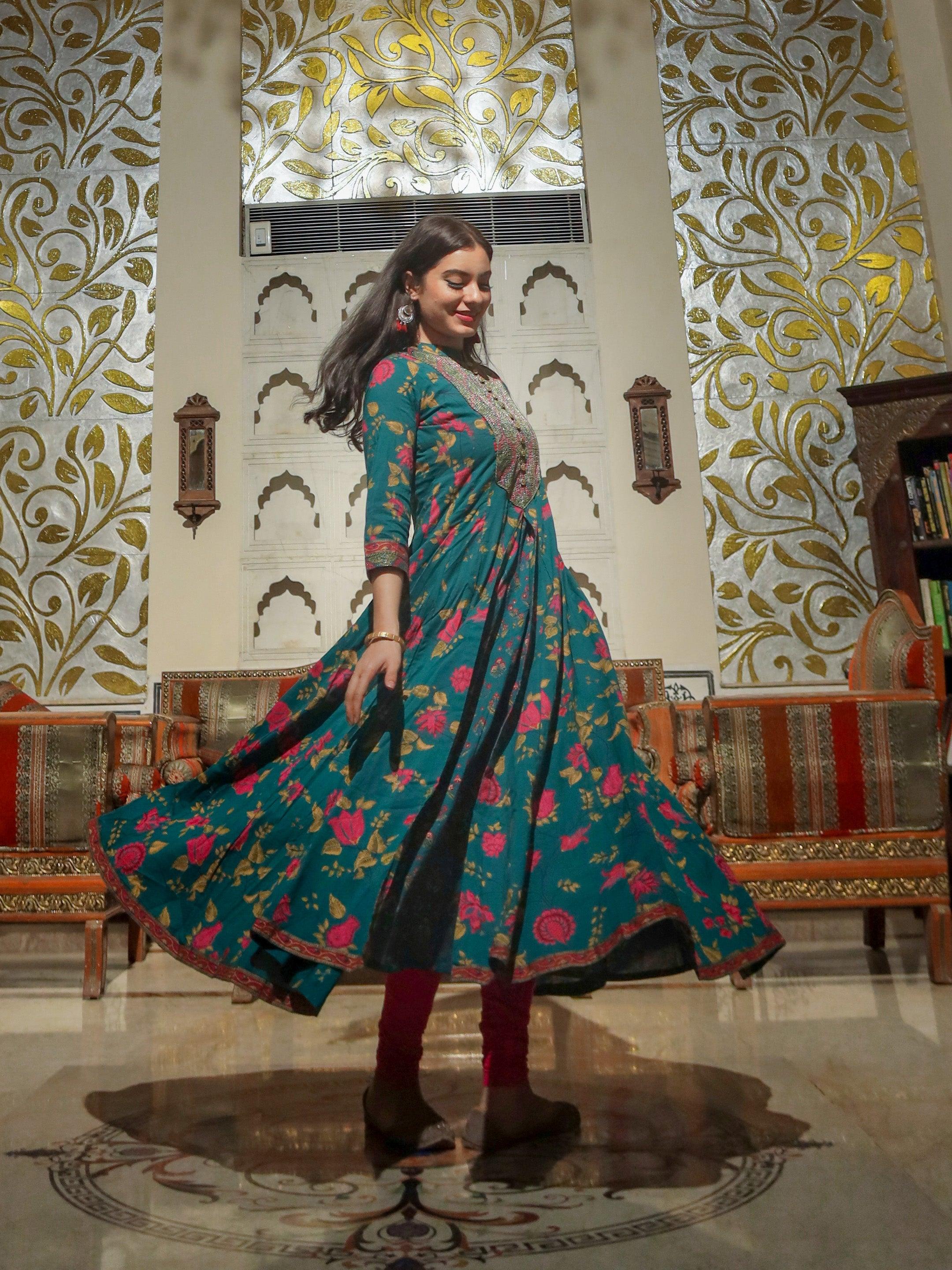 Divena Block print Cotton Flaired Anarkali Kurta - divenaworld.com