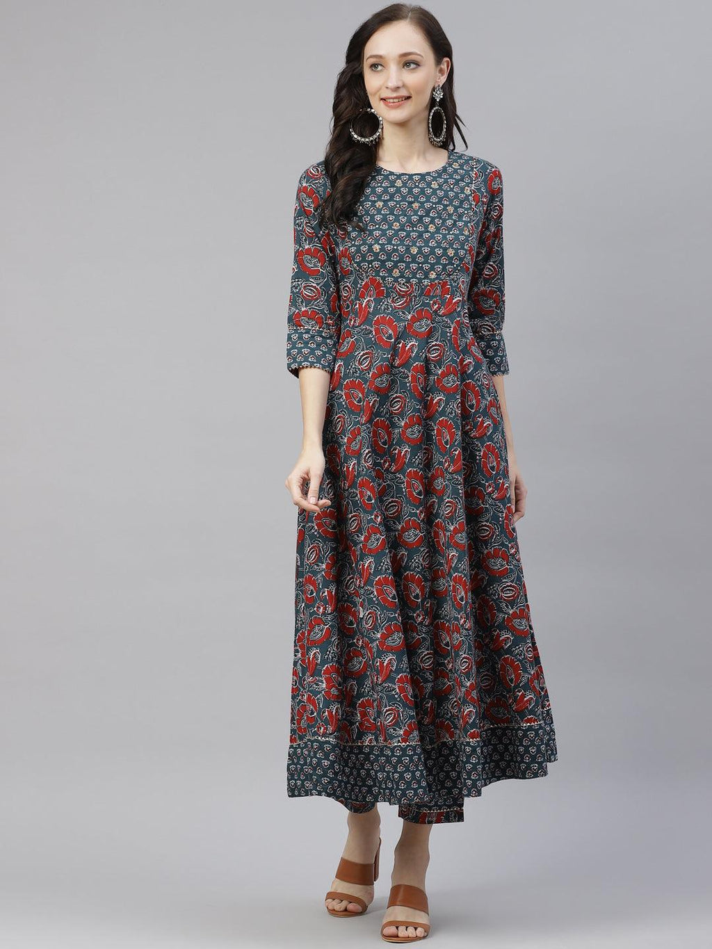 Divena Dark Green Cotton Flaired Kurta Pant Set - divena world
