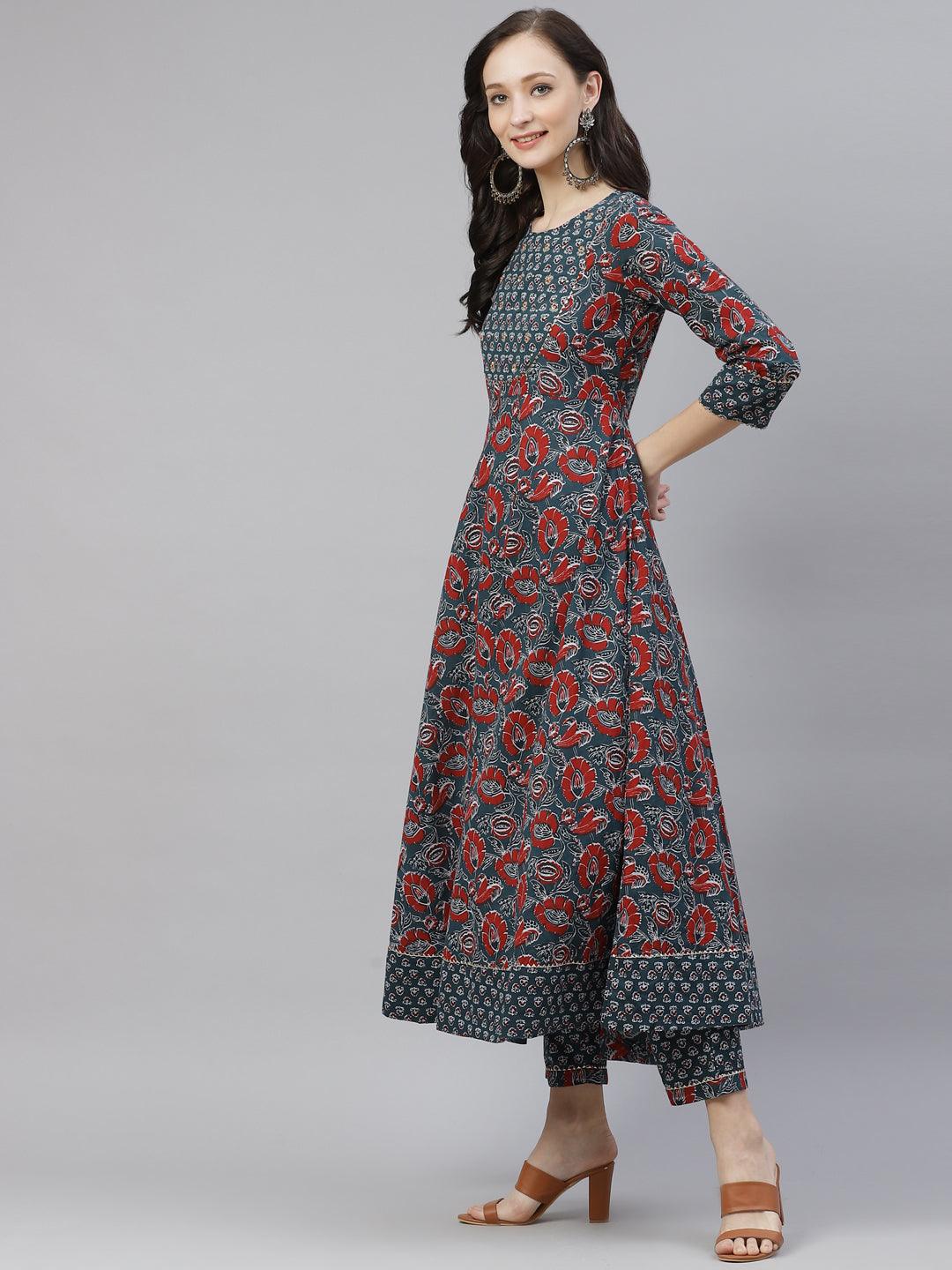 Divena Dark Green Cotton Flaired Kurta Pant Set - divena world