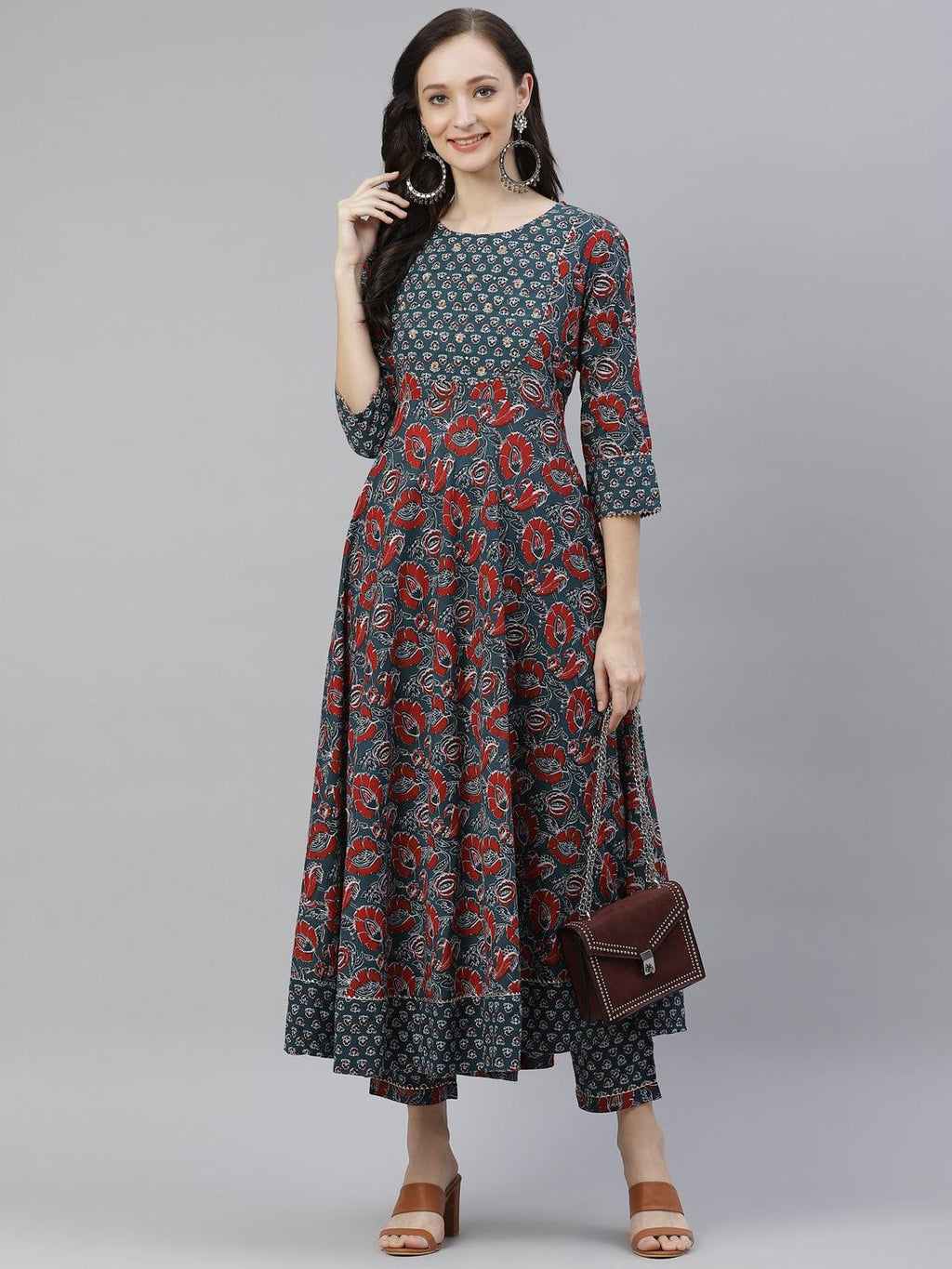 Divena Dark Green Cotton Flaired Kurta Pant Set - divena world