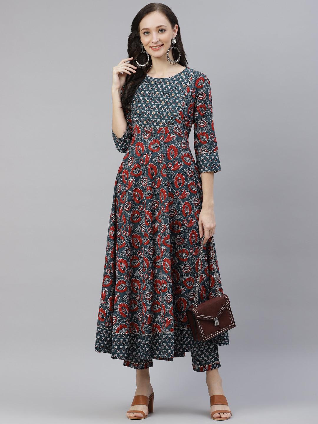 Divena Dark Green Cotton Flaired Kurta Pant Set - divena world