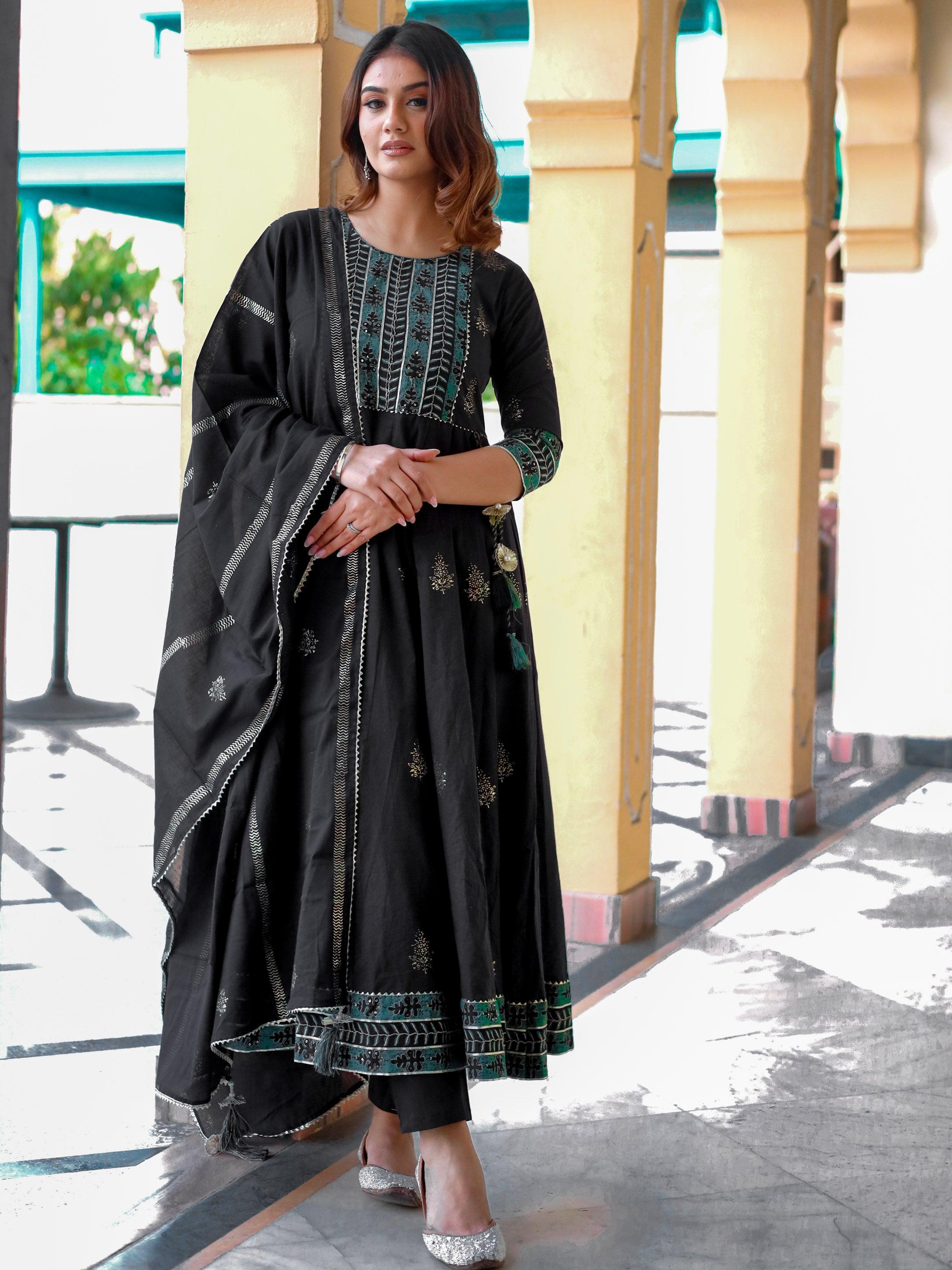 Divena Black Cotton Anarkali Kurta Pant Set with Dupatta - divenaworld.com