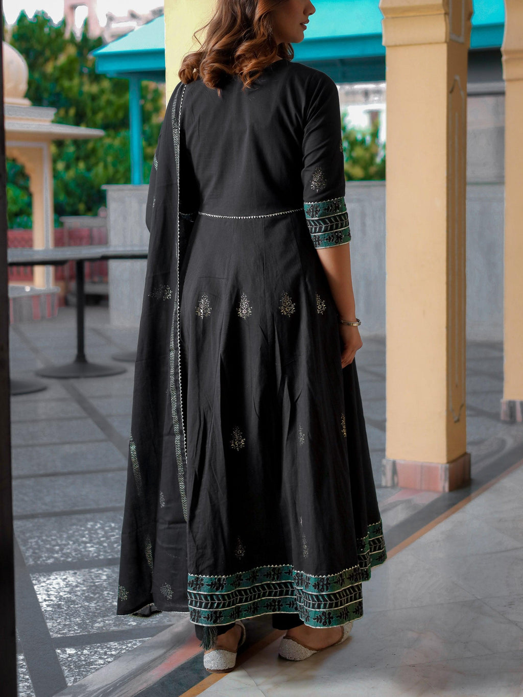 Divena Black Cotton Anarkali Kurta Pant Set with Dupatta - divenaworld.com