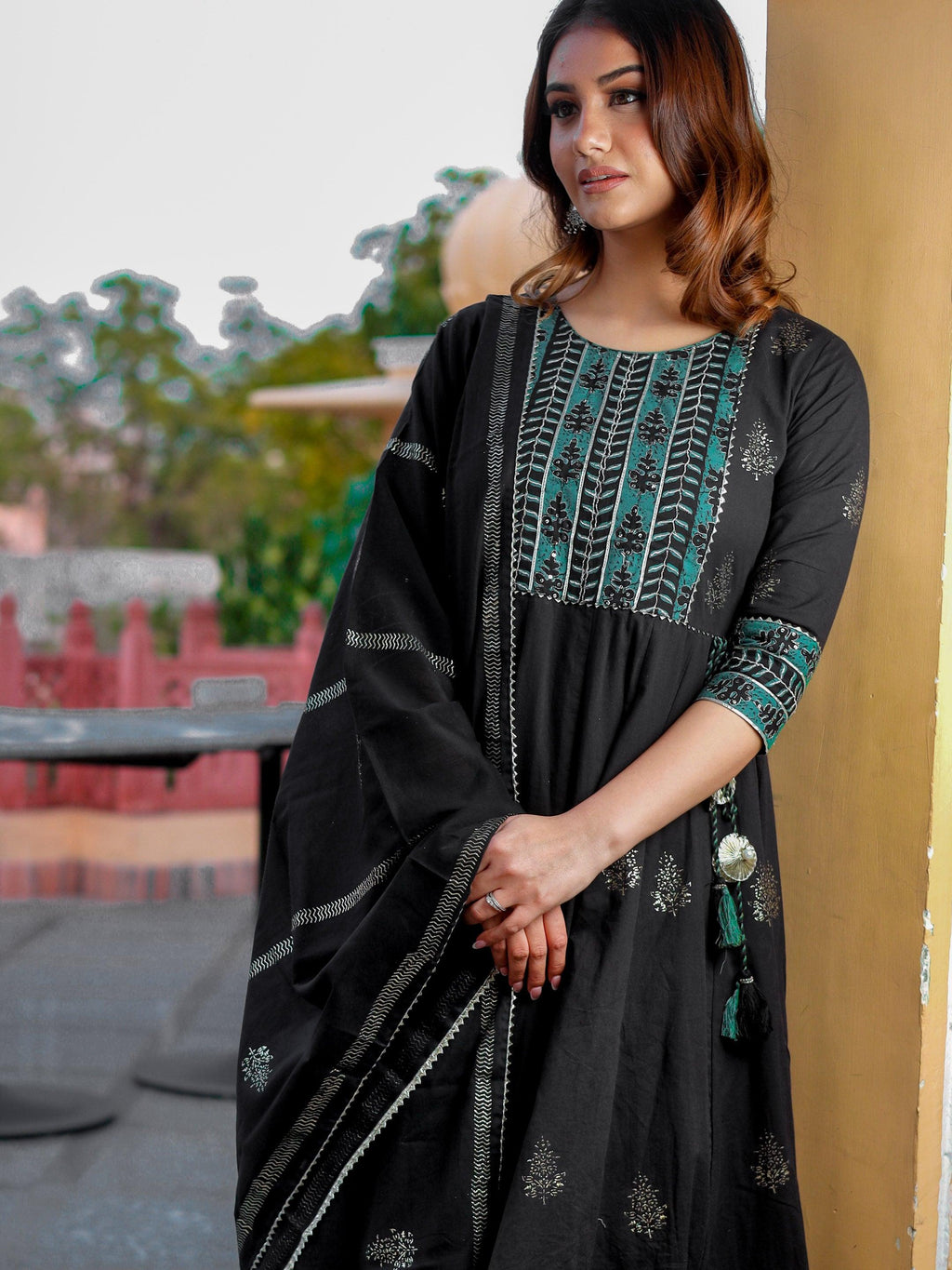 Divena Black Cotton Anarkali Kurta Pant Set with Dupatta - divenaworld.com