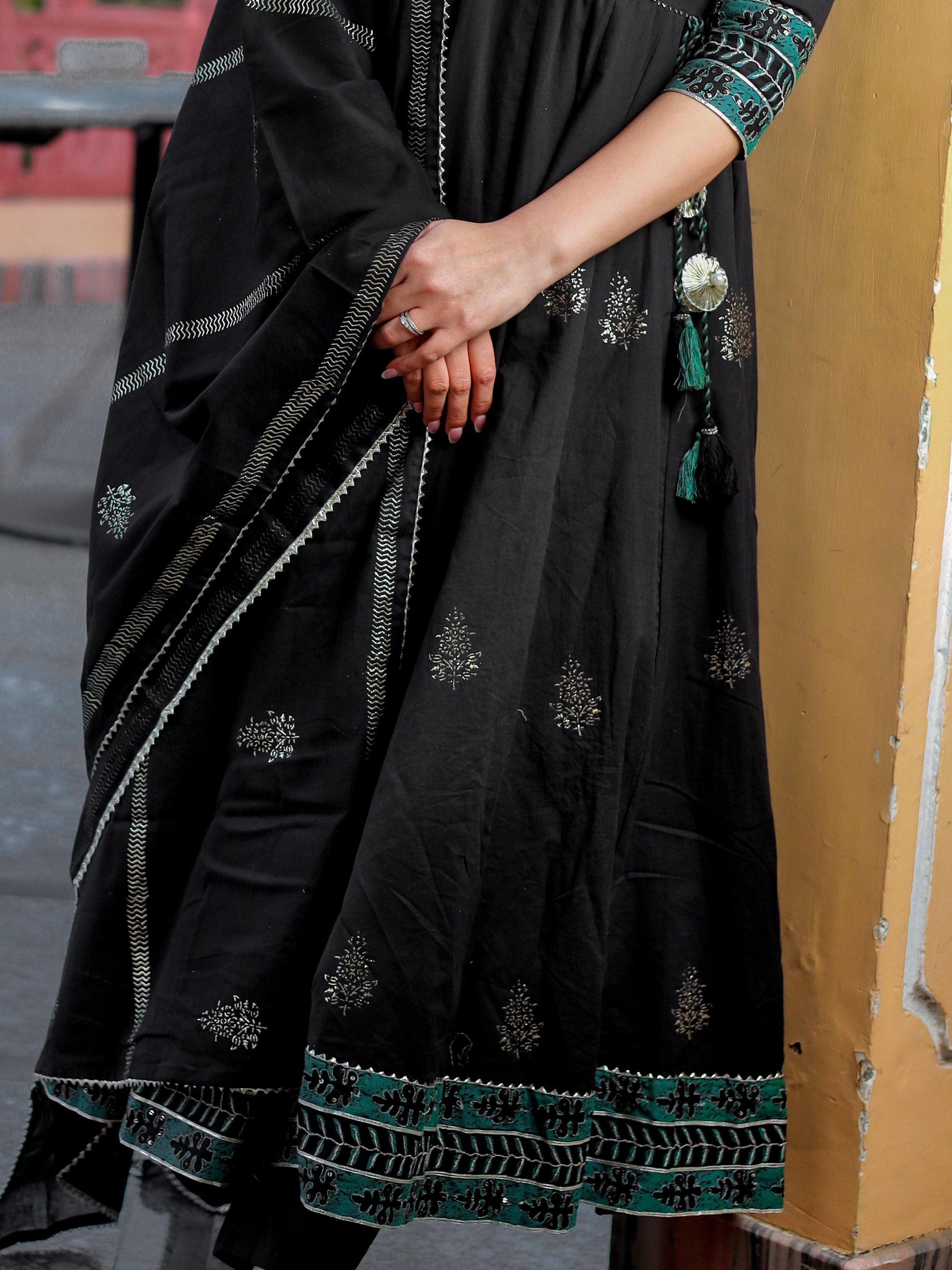 Divena Black Cotton Anarkali Kurta Pant Set with Dupatta - divenaworld.com