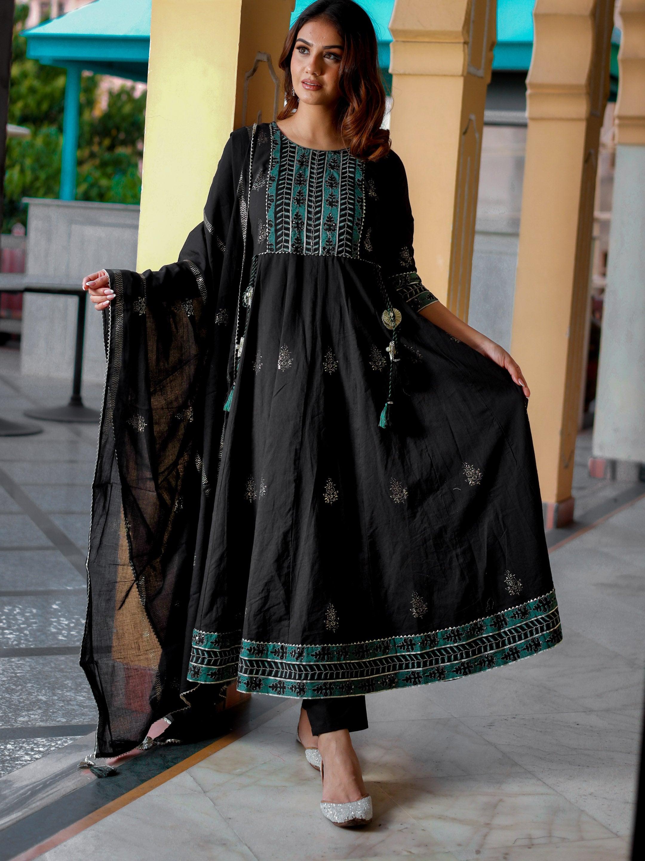 Divena Black Cotton Anarkali Kurta Pant Set with Dupatta - divenaworld.com