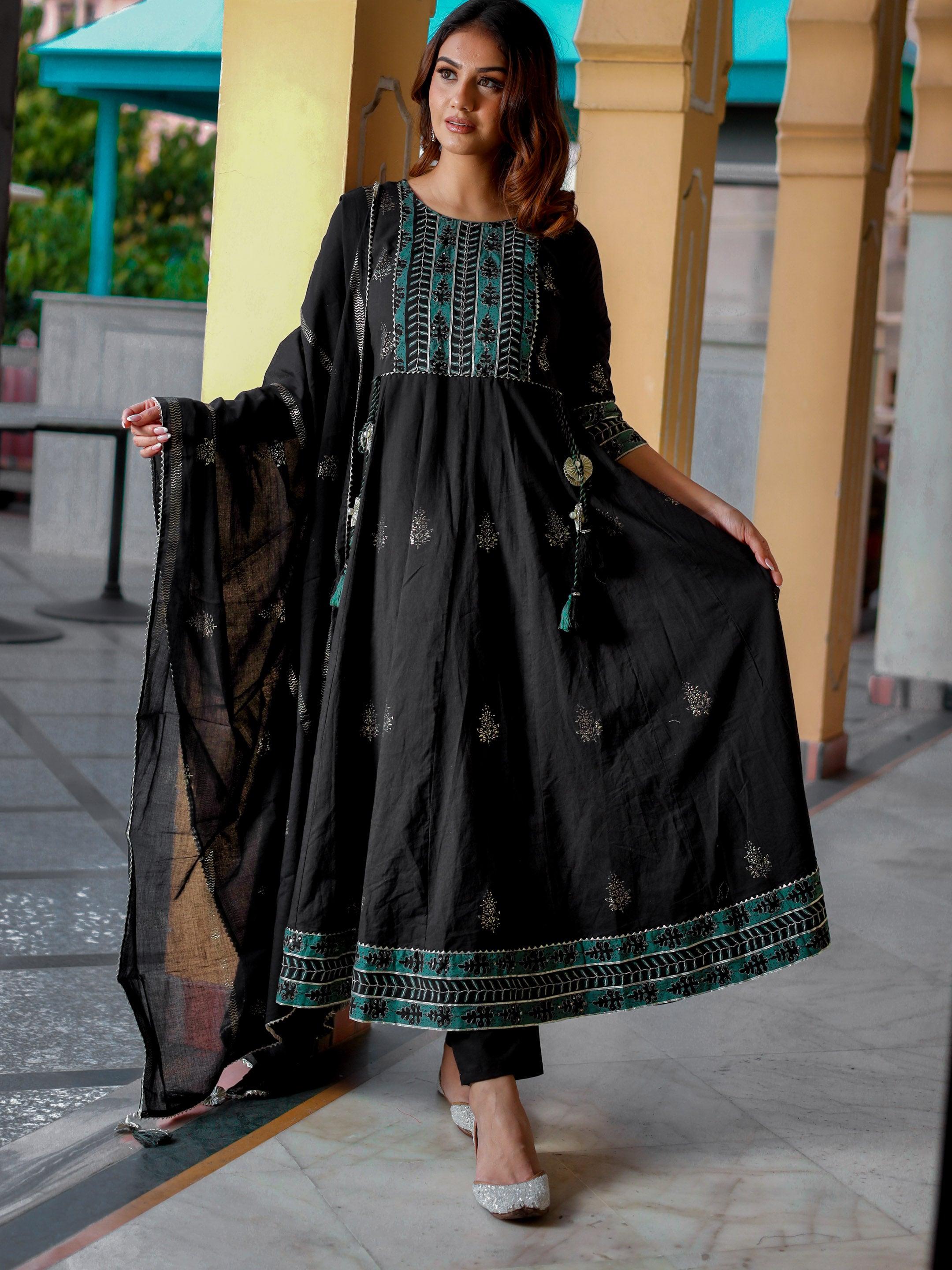 Divena Black Cotton Anarkali Kurta Pant Set with Dupatta - divenaworld.com