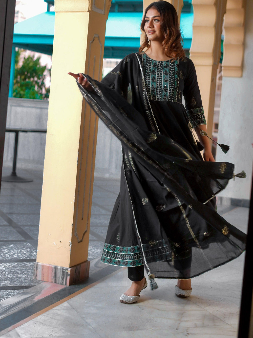 Divena Black Cotton Anarkali Kurta Pant Set with Dupatta - divenaworld.com