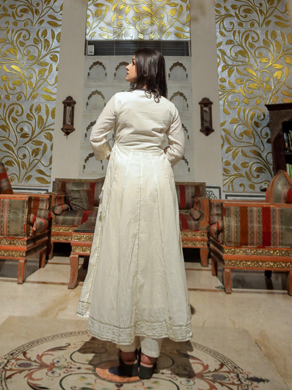 Divena Off White Cotton Anarkali kurta Pant Set - divenaworld.com