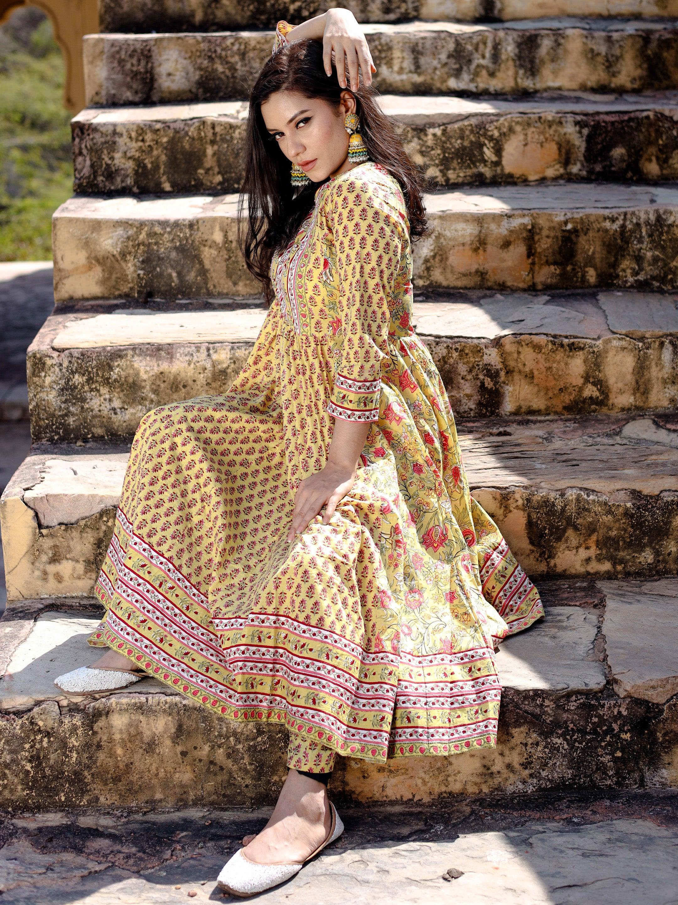 Divena Yellow Cotton Anarkali Kurta pant Set - divenaworld.com