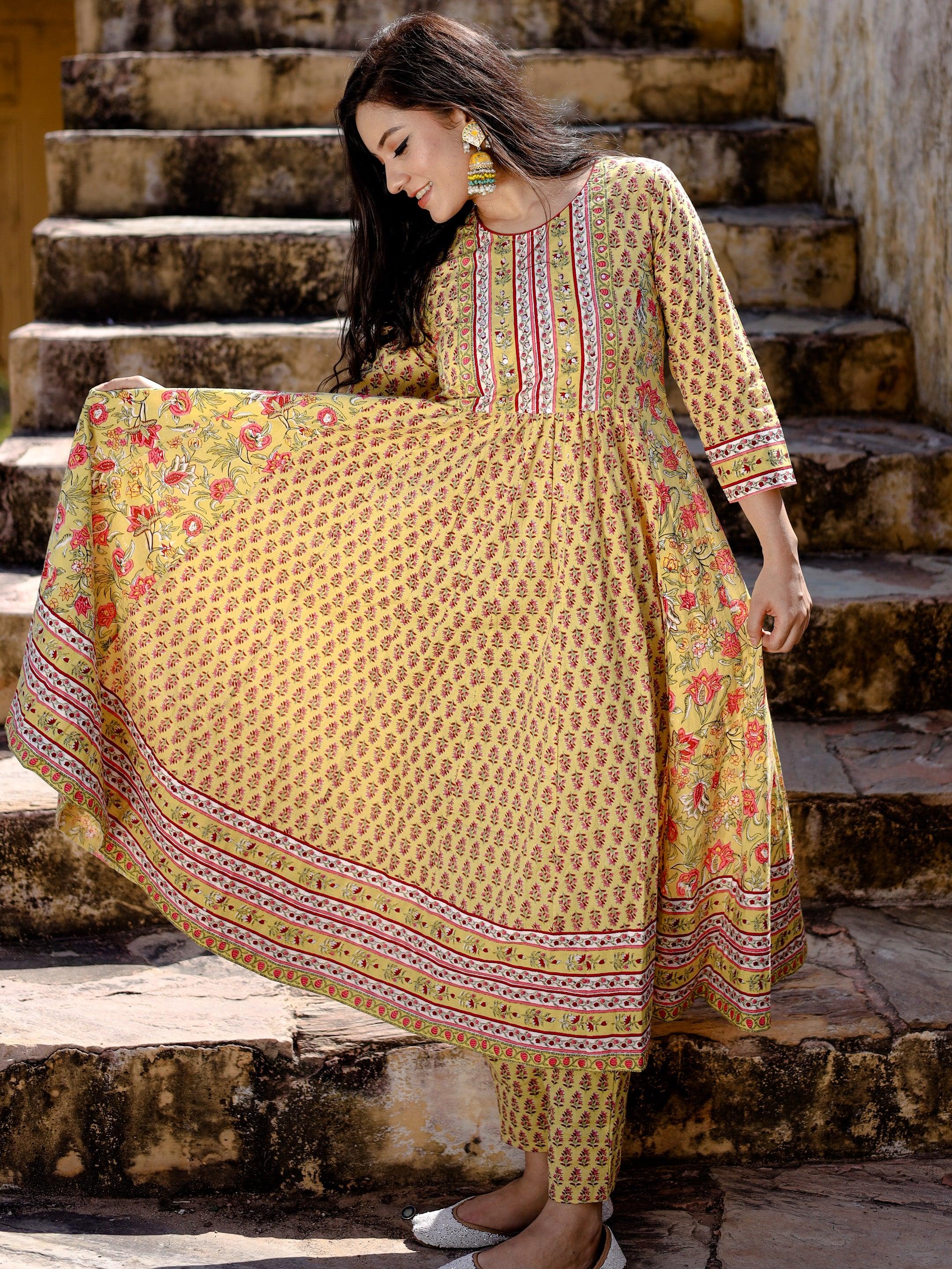 Divena Yellow Cotton Anarkali Kurta pant Set - divenaworld.com