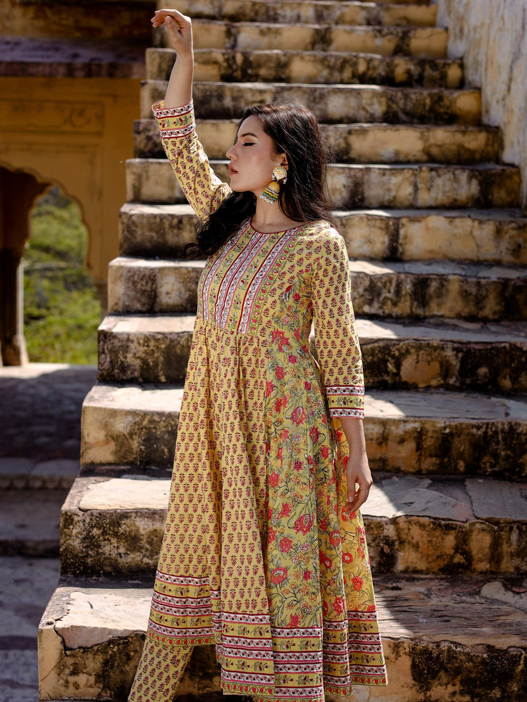Divena Yellow Cotton Anarkali Kurta pant Set - divenaworld.com