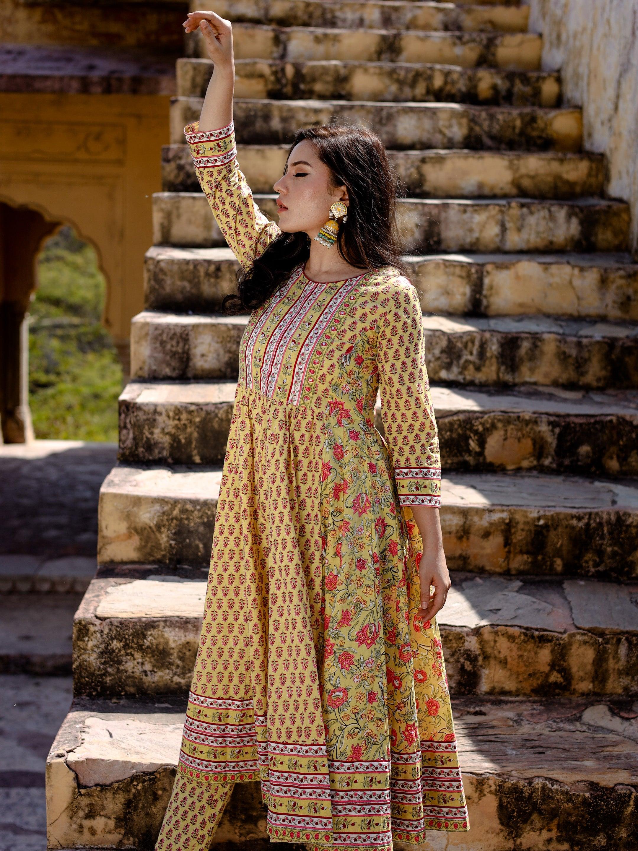 Divena Yellow Cotton Anarkali Kurta pant Set - divenaworld.com