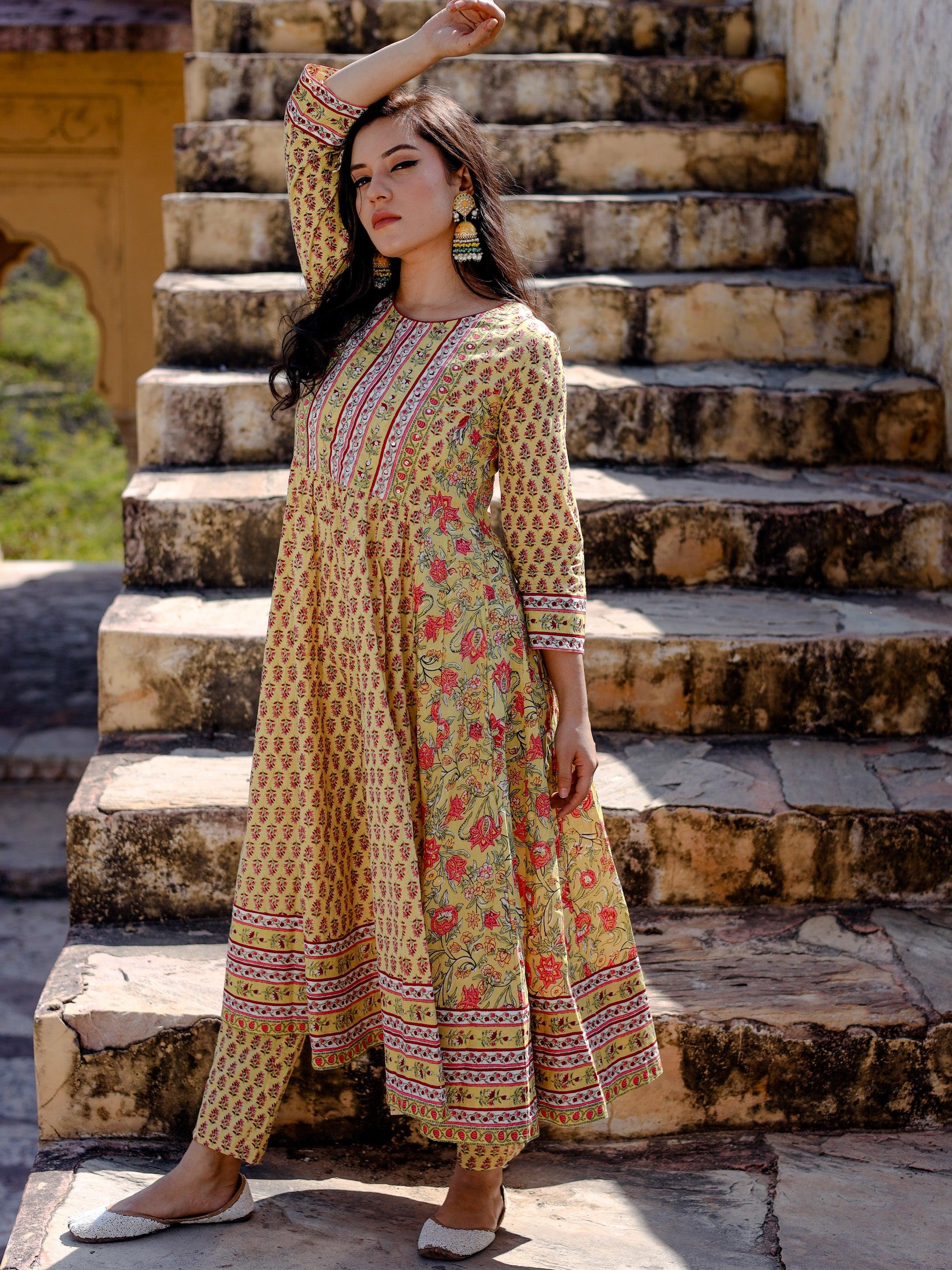 Divena Yellow Cotton Anarkali Kurta pant Set - divenaworld.com