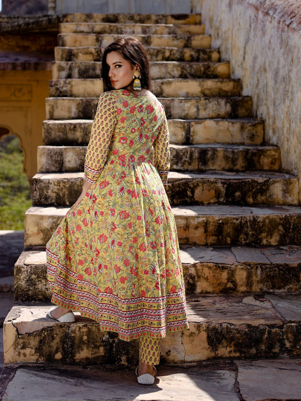 Divena Yellow Cotton Anarkali Kurta pant Set - divenaworld.com