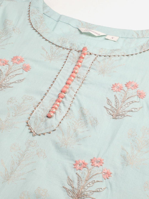 Divena Sea Green & Peach Cotton Kurta Sharara Set - divena world