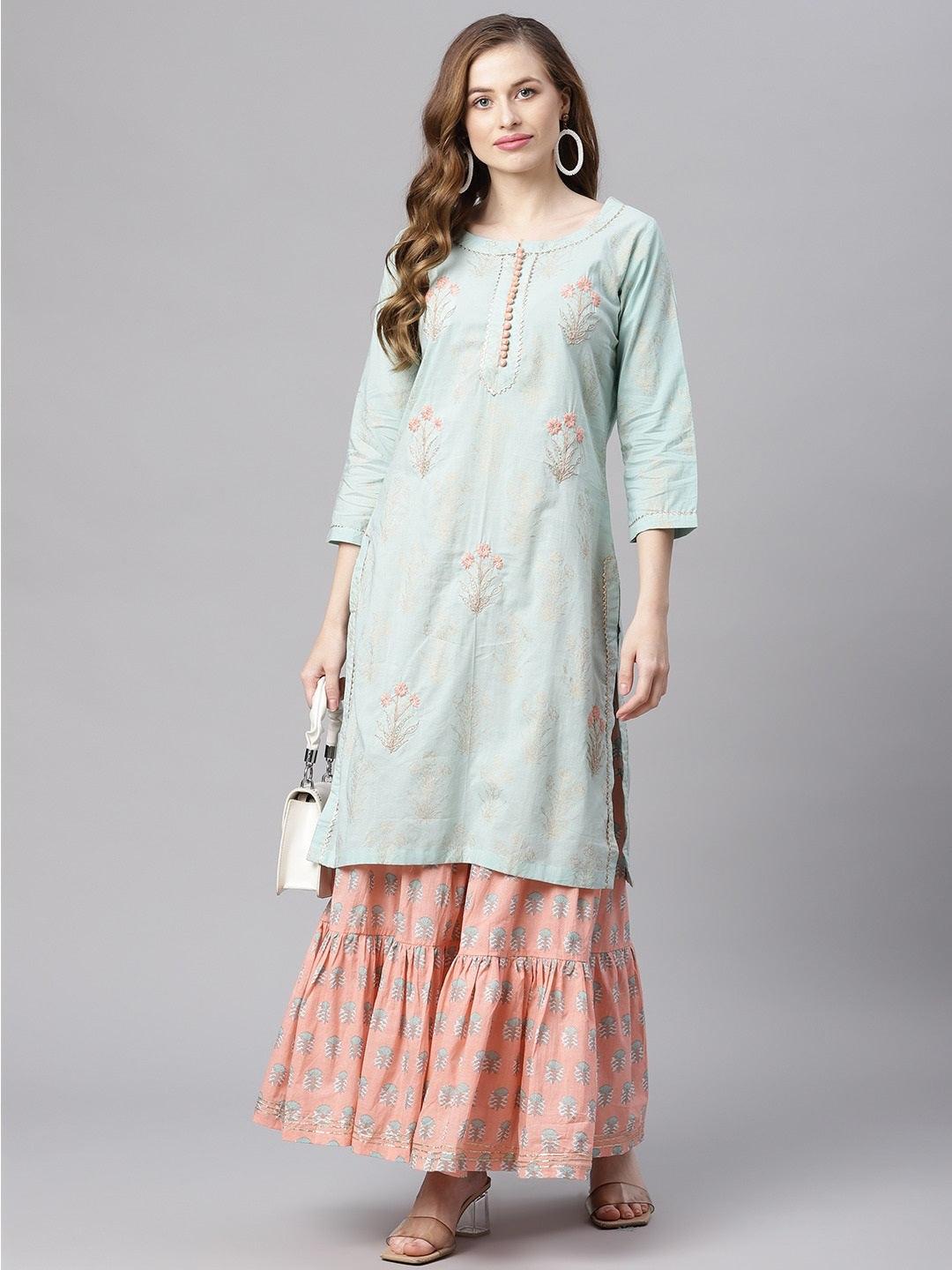 Divena Sea Green & Peach Cotton Kurta Sharara Set - divena world