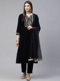 Noe Velarro Royal Navy Blue Velvet Zardozi work Embroidered Kurta Pant With Net Dupatta set