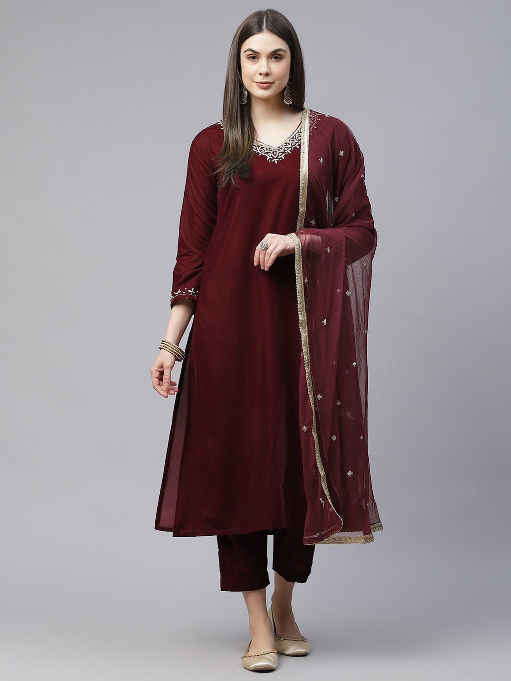 Noe Velarro Maroon Velvet hand work Kurta pant With Net Dupatta set