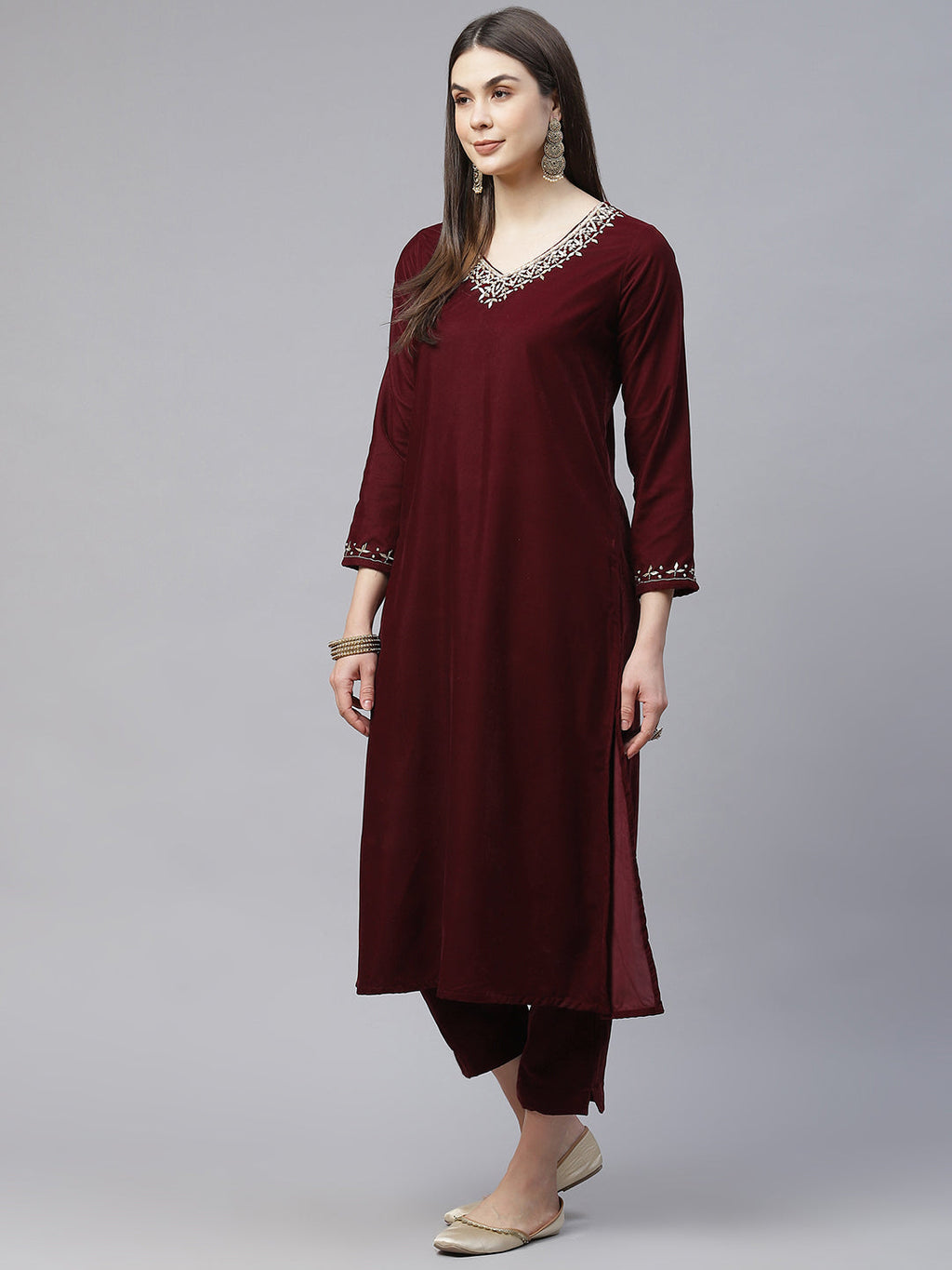 Noe Velarro Maroon Velvet hand work Kurta pant With Net Dupatta set