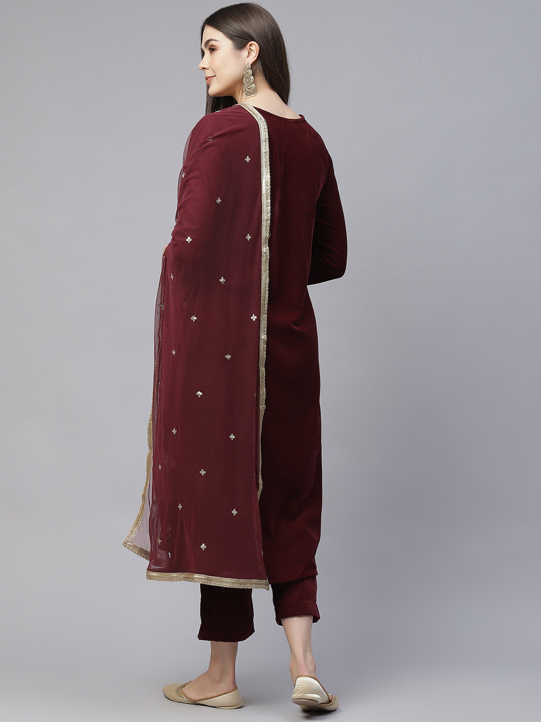 Noe Velarro Maroon Velvet hand work Kurta pant With Net Dupatta set
