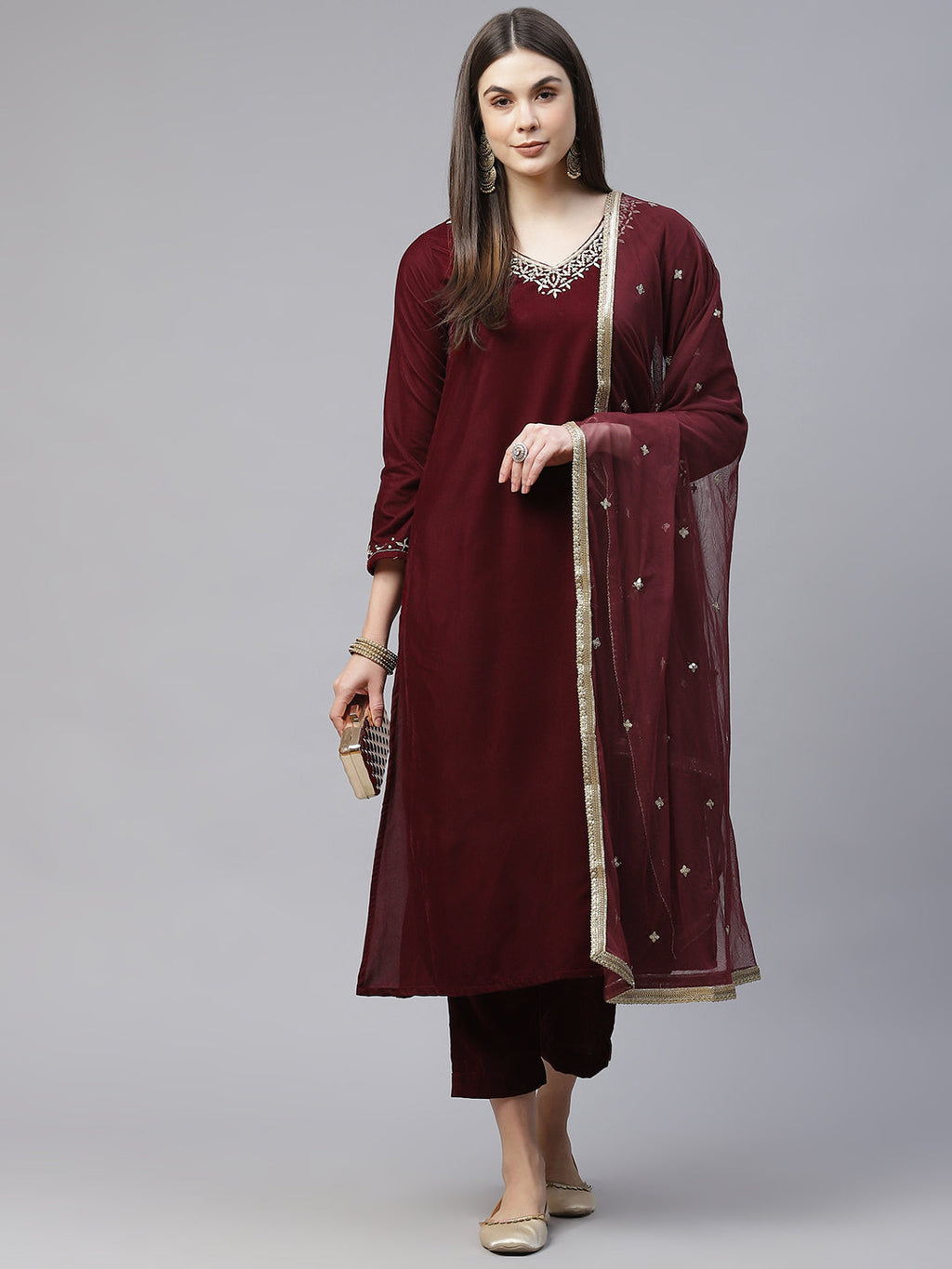 Noe Velarro Maroon Velvet hand work Kurta pant With Net Dupatta set