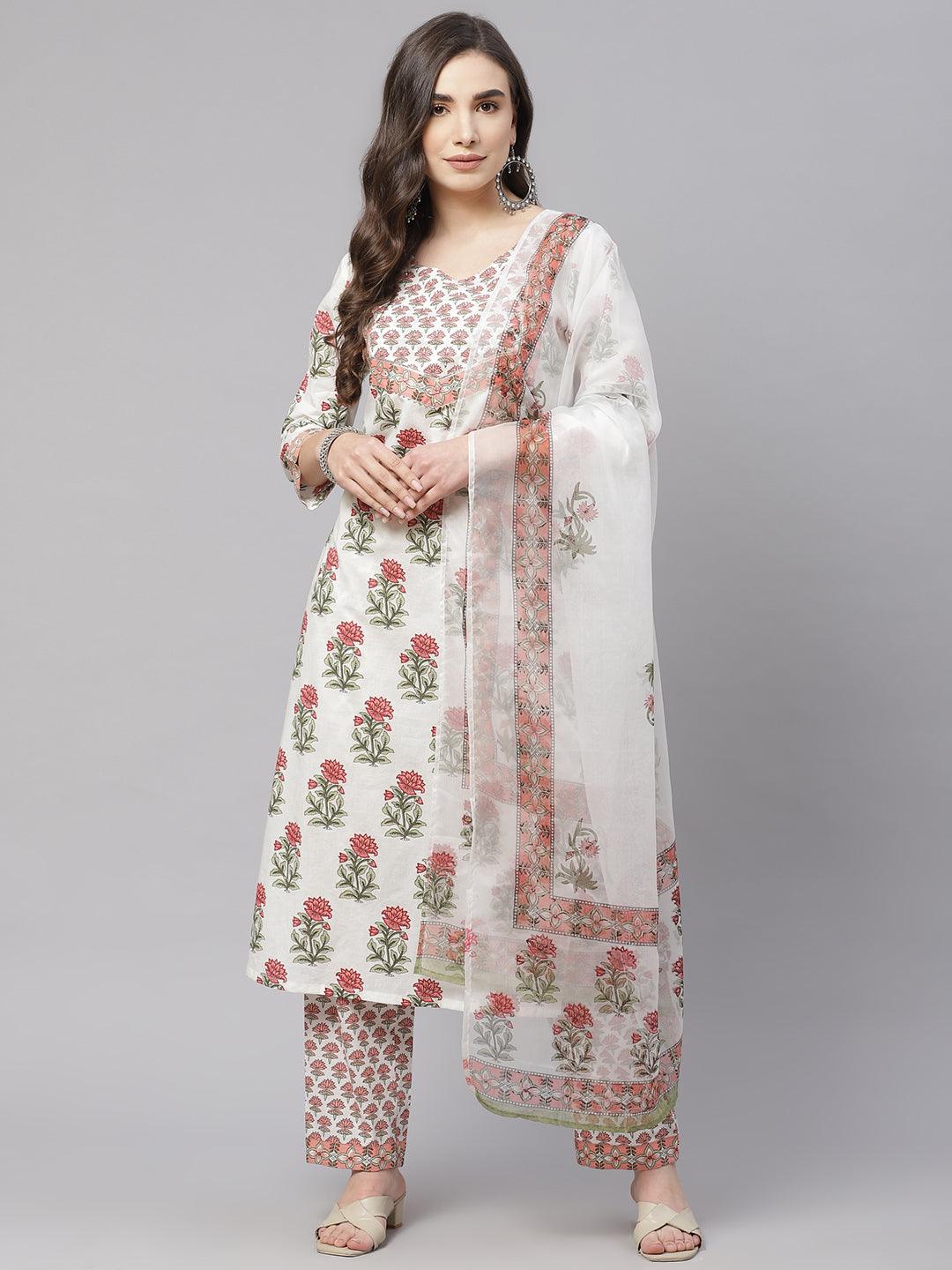 Divena White Floral Kurta Pant Set With Dupatta - divena world