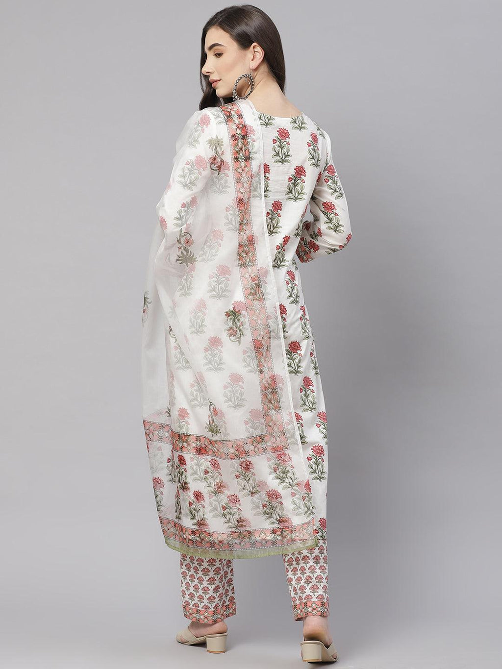 Divena White Floral Kurta Pant Set With Dupatta - divena world