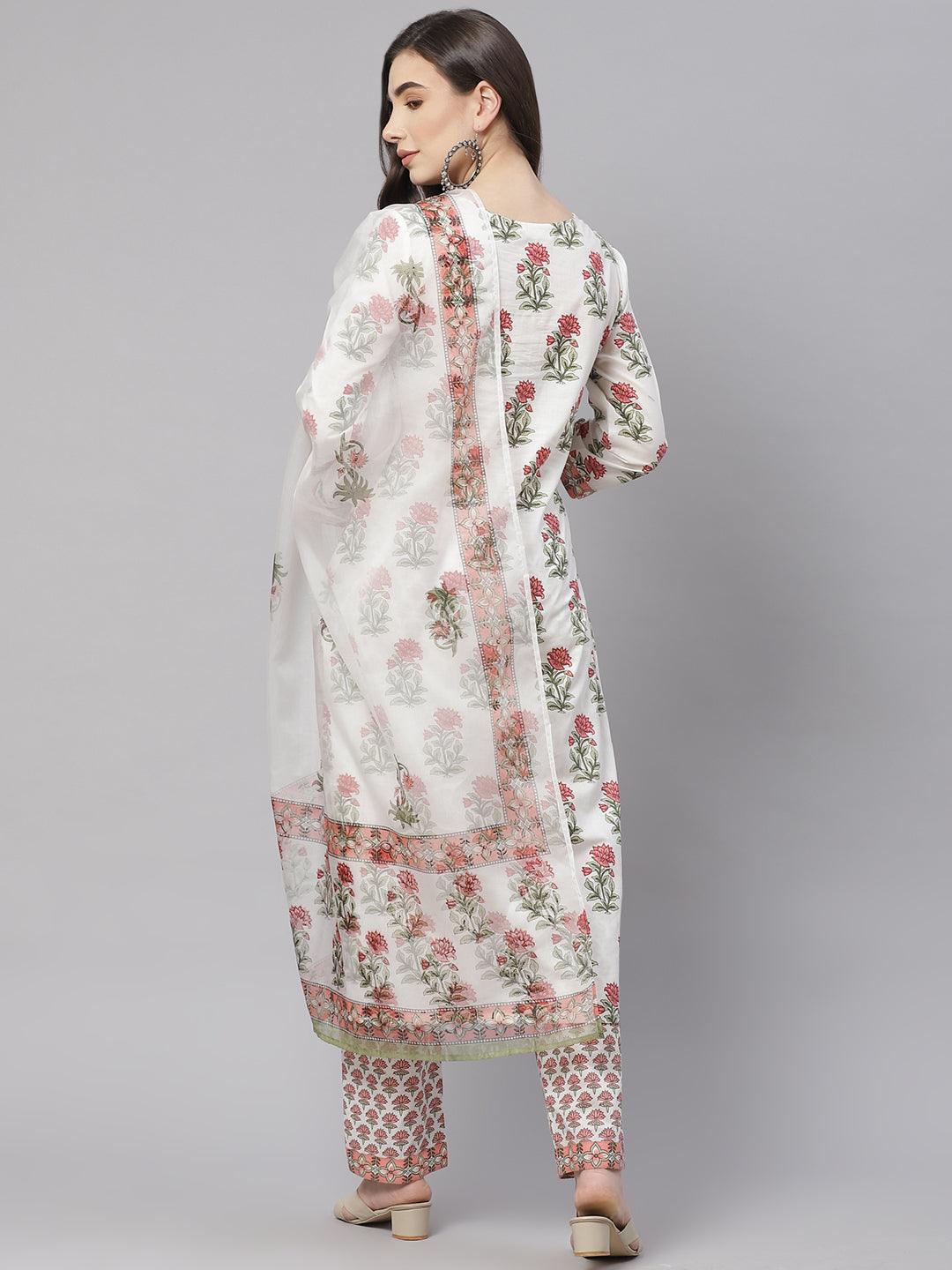 Divena White Floral Kurta Pant Set With Dupatta - divena world