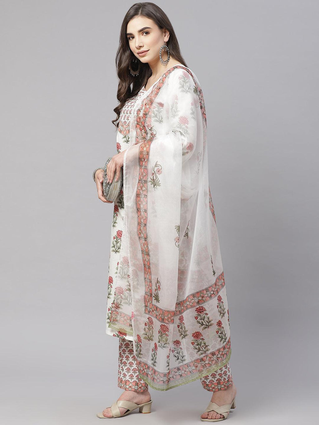 Divena White Floral Kurta Pant Set With Dupatta - divena world