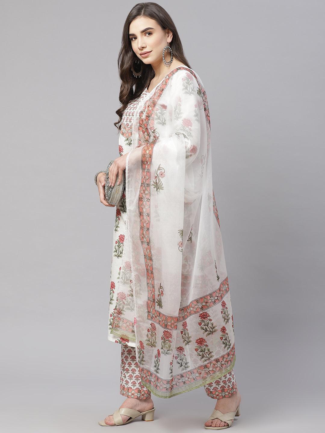 Divena White Floral Kurta Pant Set With Dupatta - divena world
