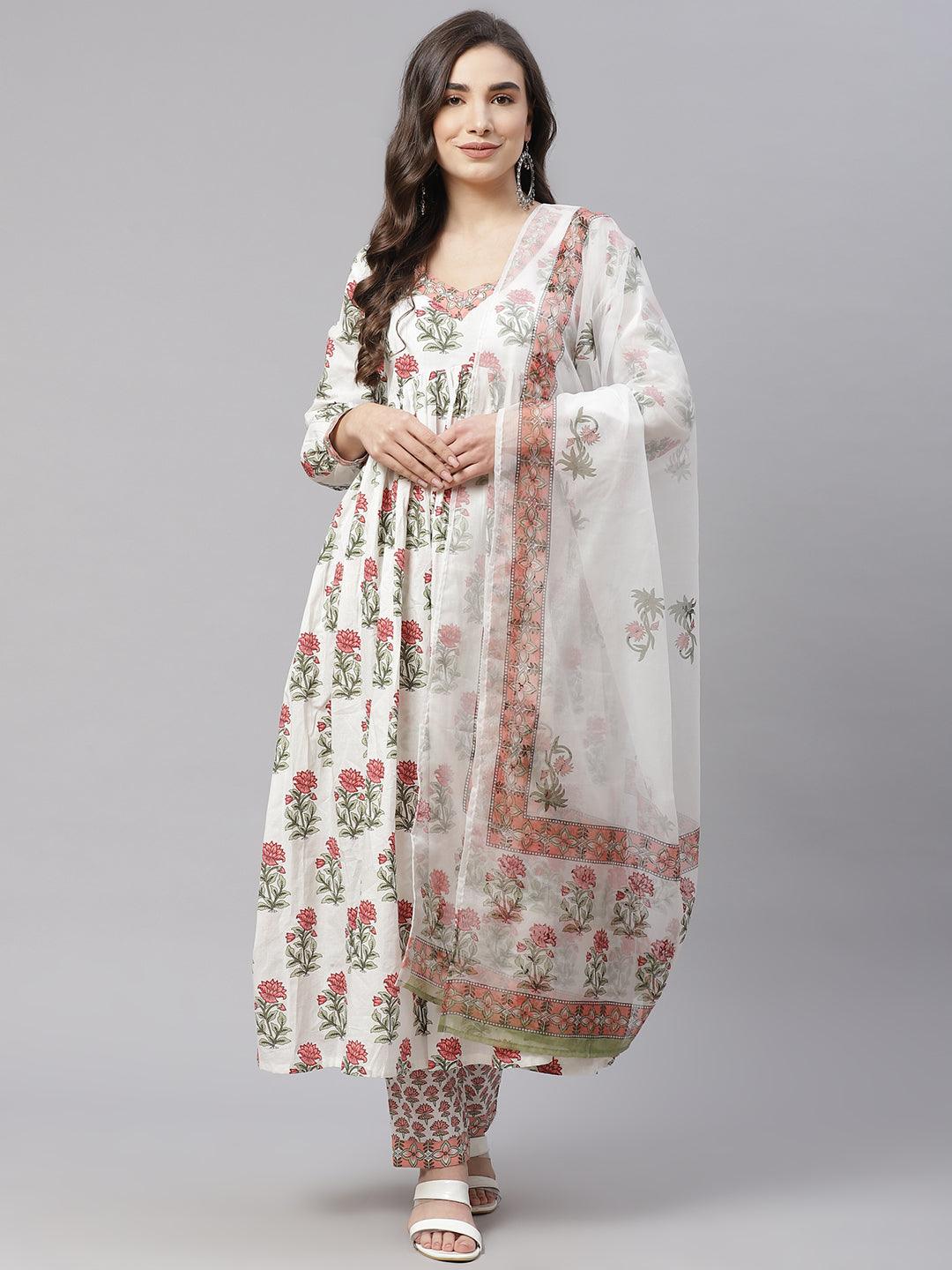 Divena White Floral Anarkali Kurta Pant Set With Dupatta - divena world