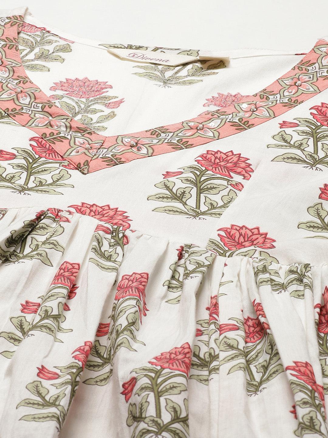 Divena White Floral Anarkali Kurta Pant Set With Dupatta - divena world