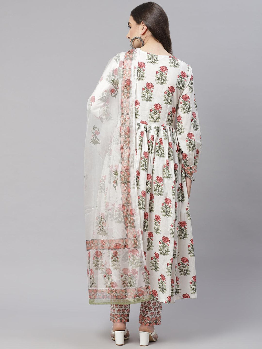 Divena White Floral Anarkali Kurta Pant Set With Dupatta - divena world