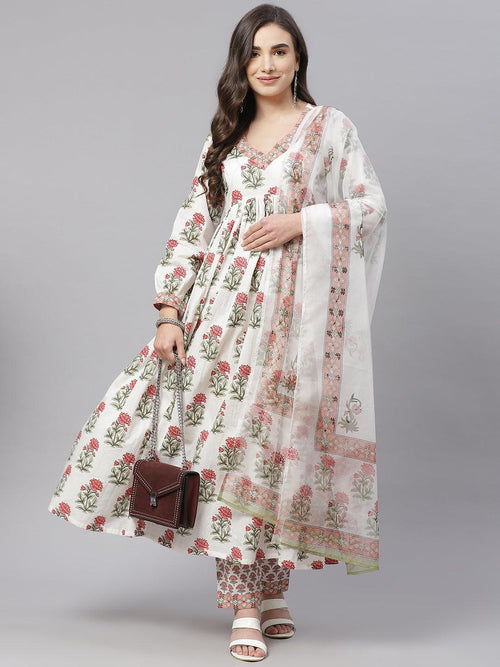 Divena White Floral Anarkali Kurta Pant Set With Dupatta - divena world