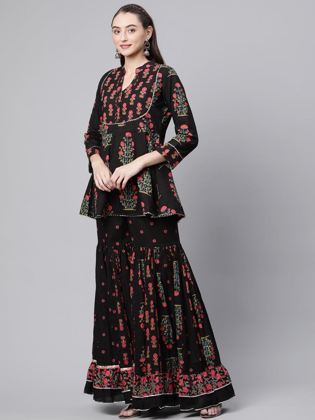 Divena Black Peplum Top Sharara Set with Dupatta - divenaworld.com