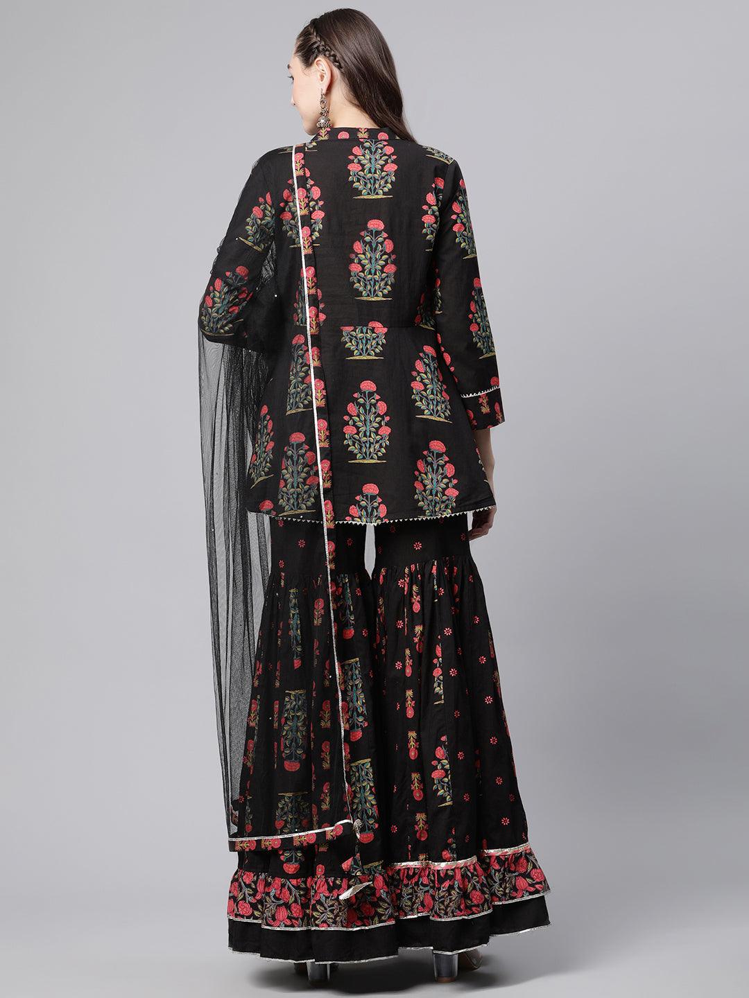 Divena Black Peplum Top Sharara Set with Dupatta - divenaworld.com