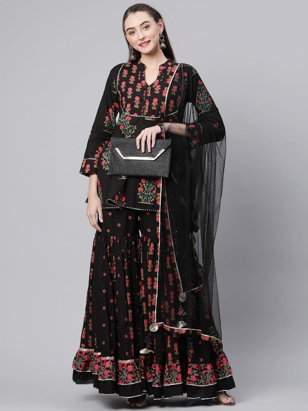Divena Black Peplum Top Sharara Set with Dupatta - divenaworld.com