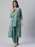 Divena Green Cotton Floral Printed Three Piece Indowestern Kurta Pant Set with Jacket - divena world