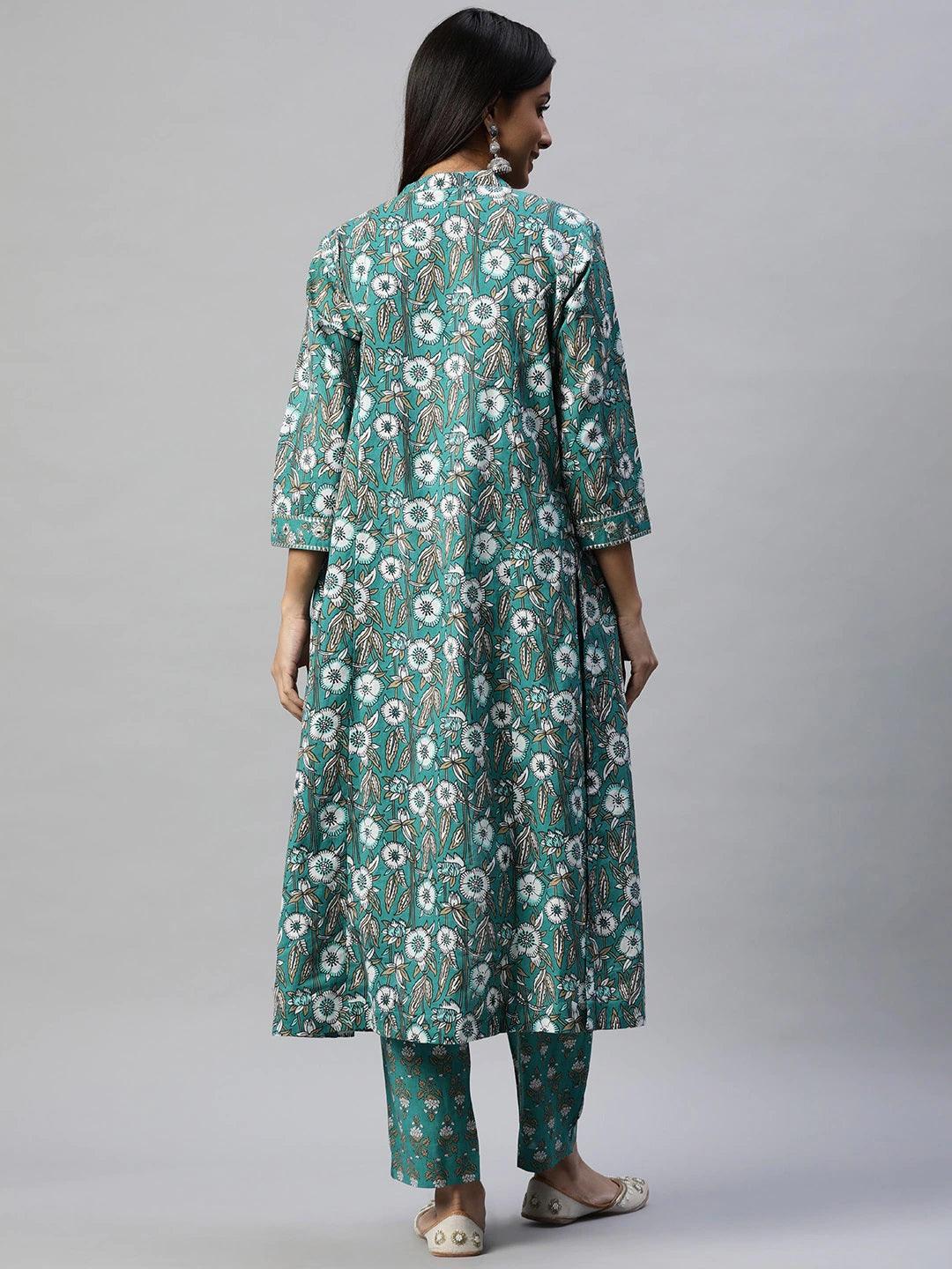 Divena Green Cotton Floral Printed Three Piece Indowestern Kurta Pant Set with Jacket - divena world