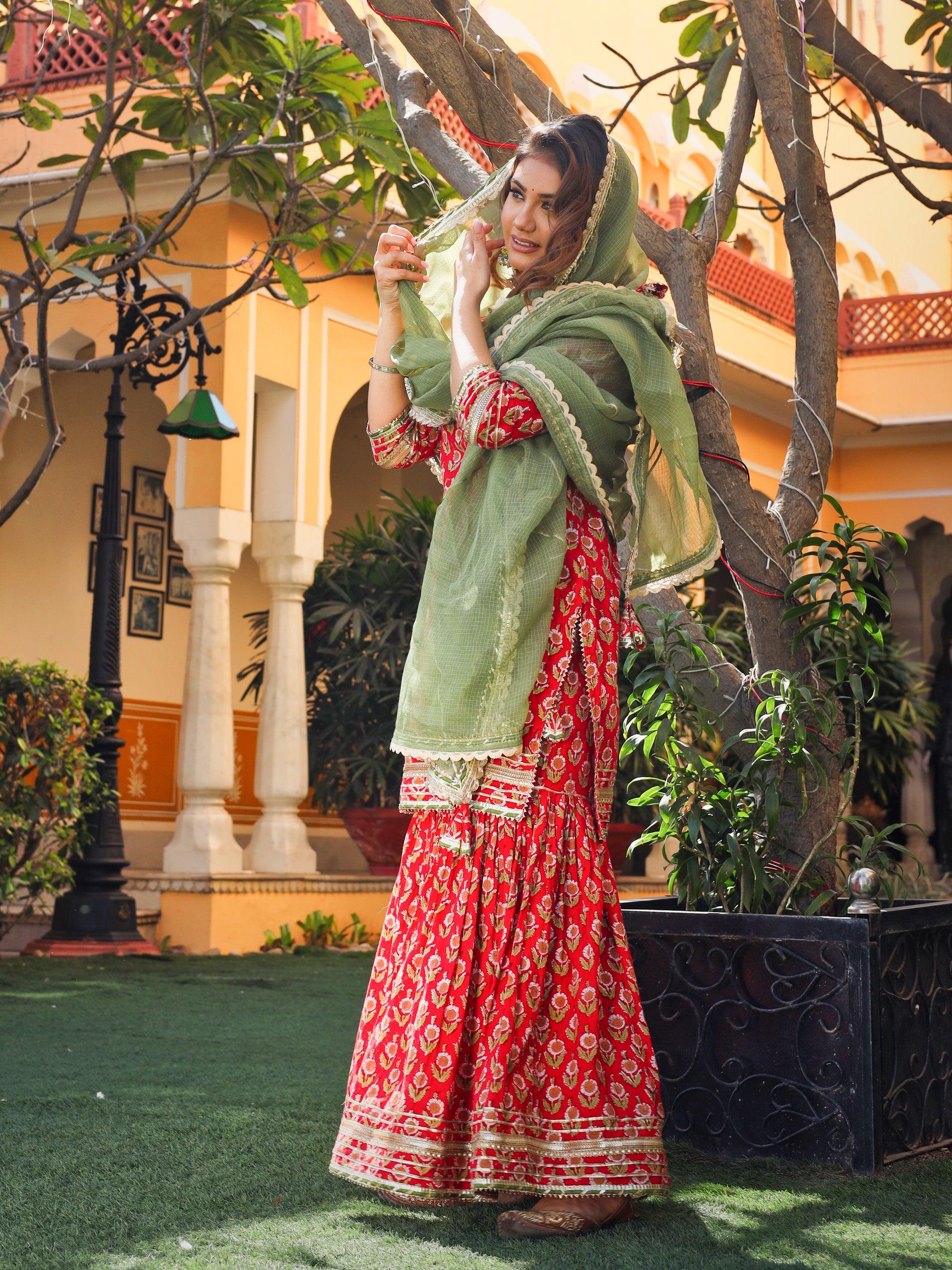 Divena Red Cotton Dabu Printed Kurta Sharara Set with Kota Doria Dupatta - divenaworld.com